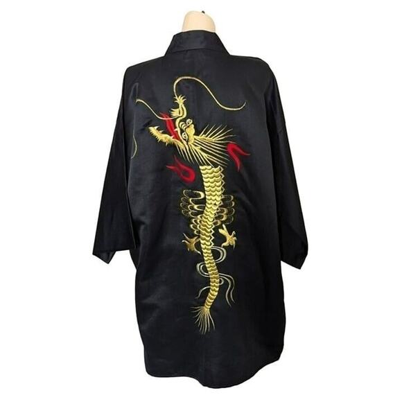 Vintage Japanese Satin‎ Haori Kimono Jacket Unisex XXL Embroidery Dragon Boho - Picture 1 of 9